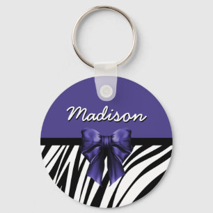 Black and Purple Ribbon Bow Zebra Print Keychain