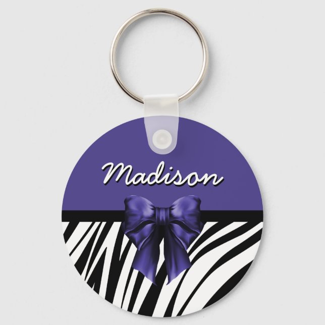 Black and Purple Ribbon Bow Zebra Print Keychain (Front)