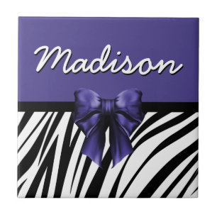 Black and Purple Ribbon Bow Zebra Print Tile