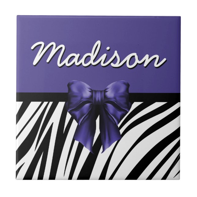 Black and Purple Ribbon Bow Zebra Print Tile (Front)