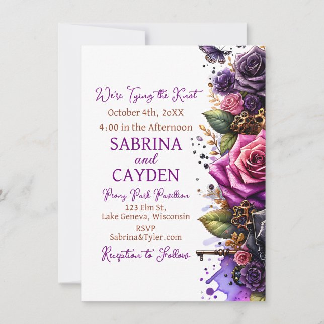 Black and Purple Roses Steampunk Gothic Wedding Invitation (Front)