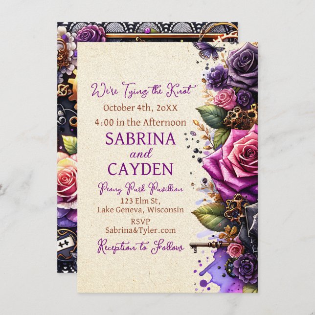 Black and Purple Roses Steampunk Gothic Wedding Invitation (Front/Back)