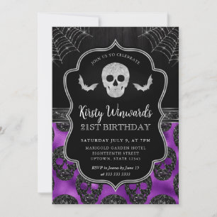 Black and Purple Skull and Cobwebs 21st Birthday Invitation