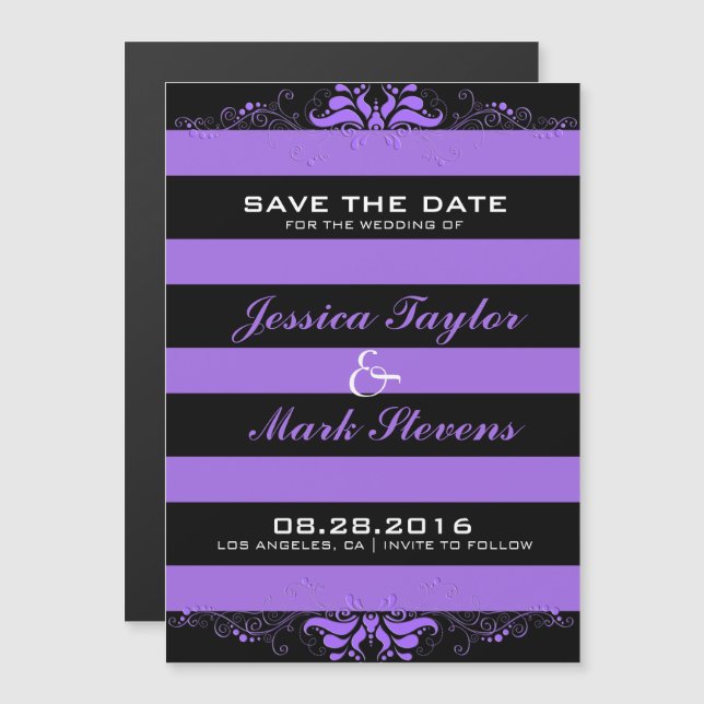 Black And Purple Stripes & Lace Modern Design 3 Magnetic Invitation (Front/Back)