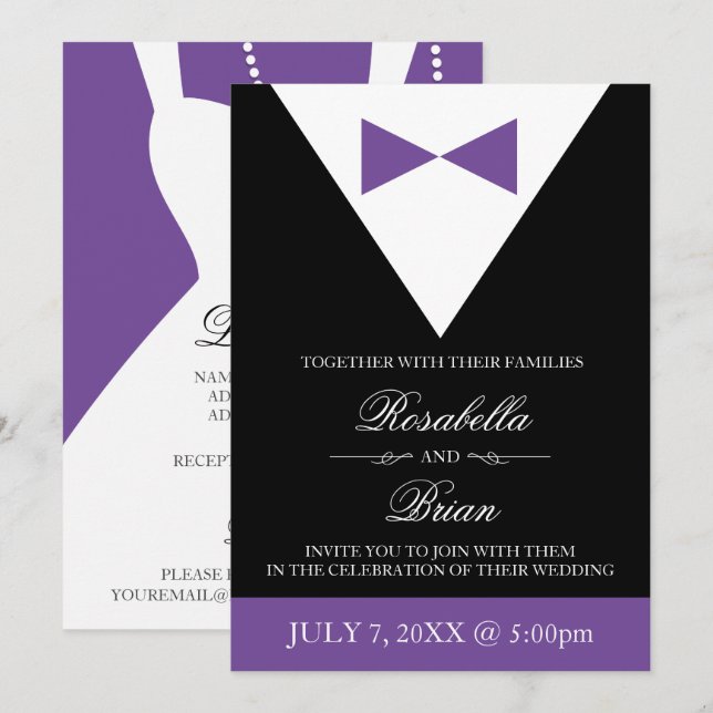 Black and Purple Tuxedo Wedding Invitations (Front/Back)