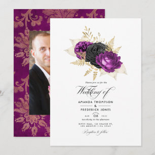 Black and Purple Vintage Floral Wedding Invitation