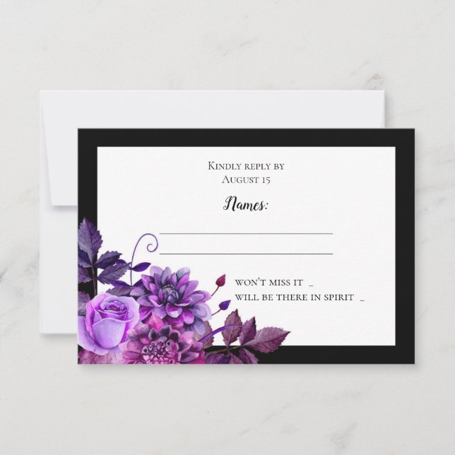 Black and purple wedding rsvp. Flowers response (Front)