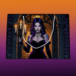 Black and Purple Witch with Candelabra Halloween Large Gift Bag