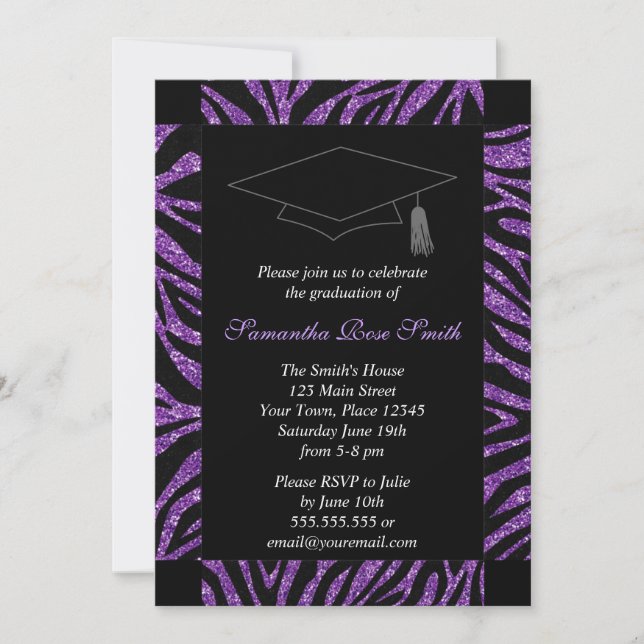 Black and Purple Zebra Print Photo Graduation Invitation (Front)