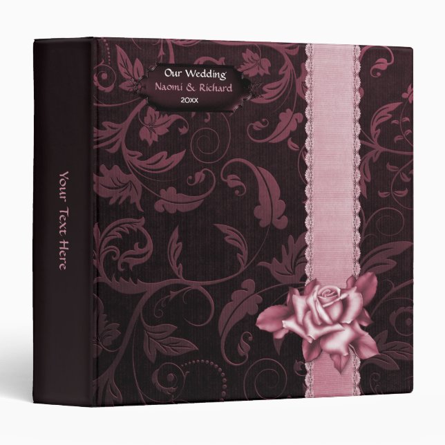 Black and Raspberry Damask  Photo Album Planner Binder (Front/Spine)