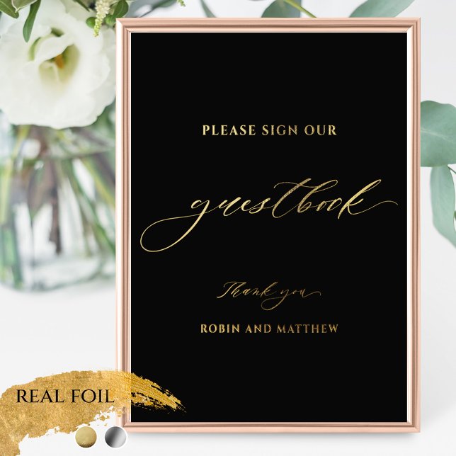 Black and Real Foil Script Wedding Guestbook Sign (Creator Uploaded)