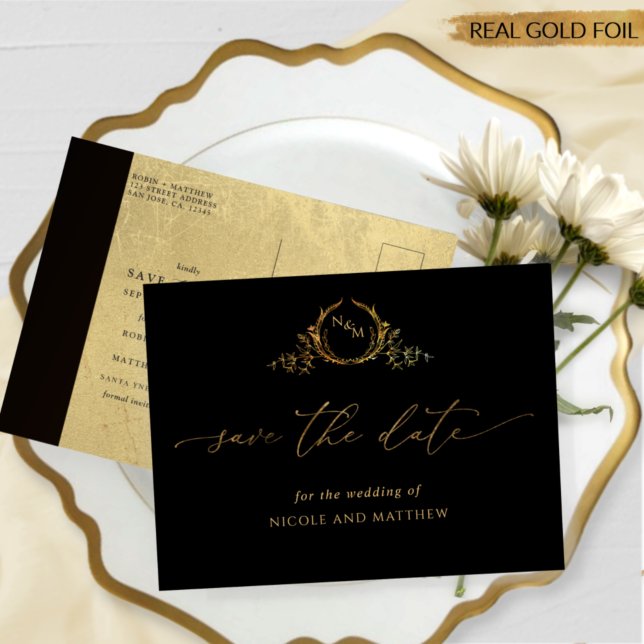 Black and Real Gold Foil Wedding Save The Date Foil Invitation Postcard (Creator Uploaded)