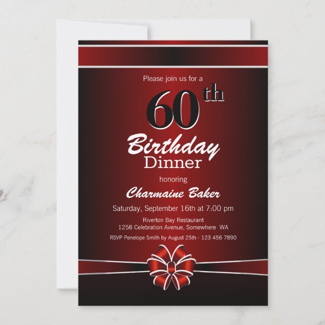 Black and Red 60th Birthday Dinner Party Invitation (Front)