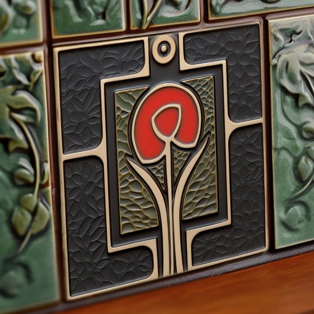 Black and Red Abstract Flower Mid-Century Tile (Creator Uploaded)