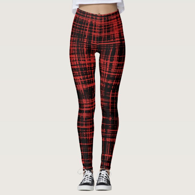 Black and Red Abstract Stripe Pattern Leggings (Front)