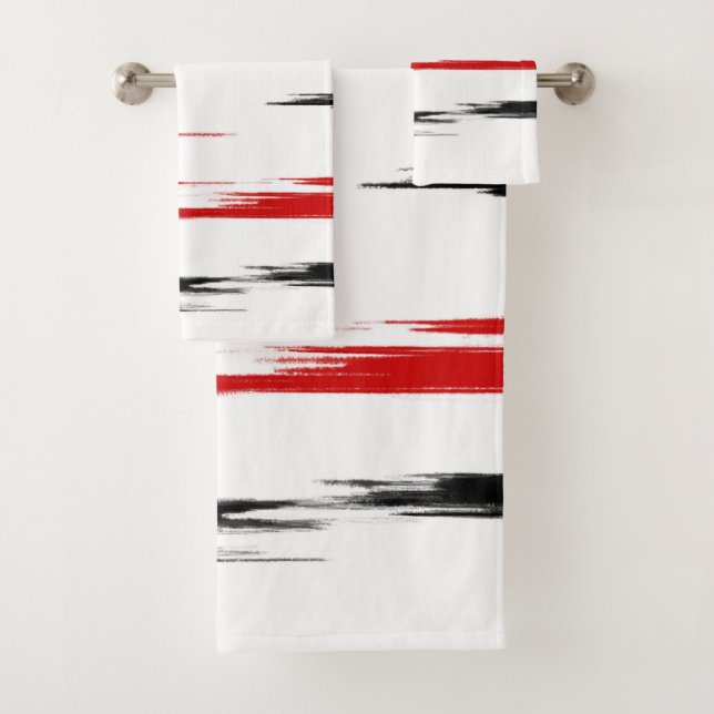 Black and red abstract striped bath towel set (Insitu)