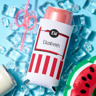 Black and red add initials name stripes seltzer can cooler