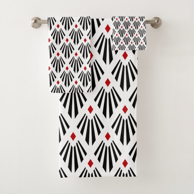 Black and red Art Deco pattern Bath Towel Set (Insitu)