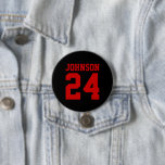 Black and Red Athlete Name Jersey Number 3 Inch Round Button<br><div class="desc">Cheer on your favourite sports team, football player or just show off your school pride with a custom personalized spirit button! Add your school name or personalize with a player's name and jersey number. Perfect for football, basketball, baseball and soccer games! Create custom pins for the whole team, cheerleaders, parents...</div>