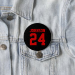 Black and Red Athlete Name Jersey Number 3 Inch Round Button<br><div class="desc">Cheer on your favourite sports team, football player or just show off your school pride with a custom personalized spirit button! Add your school name or personalize with a player's name and jersey number. Perfect for football, basketball, baseball and soccer games! Create custom pins for the whole team, cheerleaders, parents...</div>