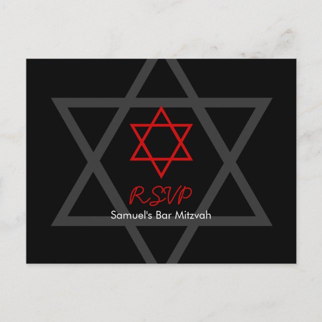 Black and Red Bar Mitzvah RSVP Invitation Postcard (Front)