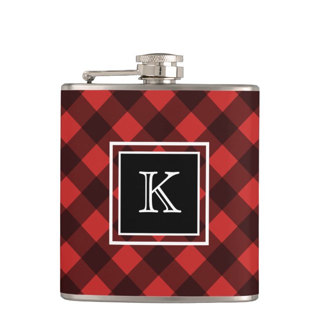 Black and Red Buffalo Check Custom Monogram Hip Flask (Front)