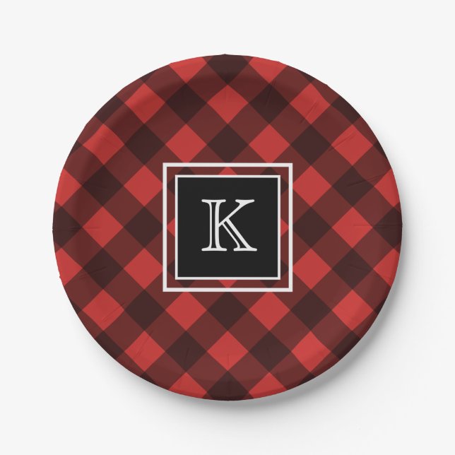 Black and Red Buffalo Check Custom Monogram Paper Plate (Front)