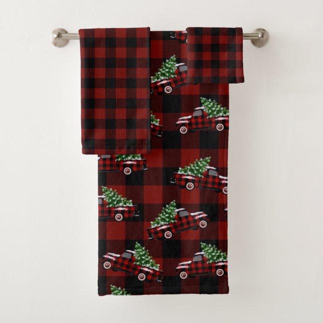 Black and Red Buffalo Plaid | Christmas Tree Truck Bath Towel Set (Insitu)