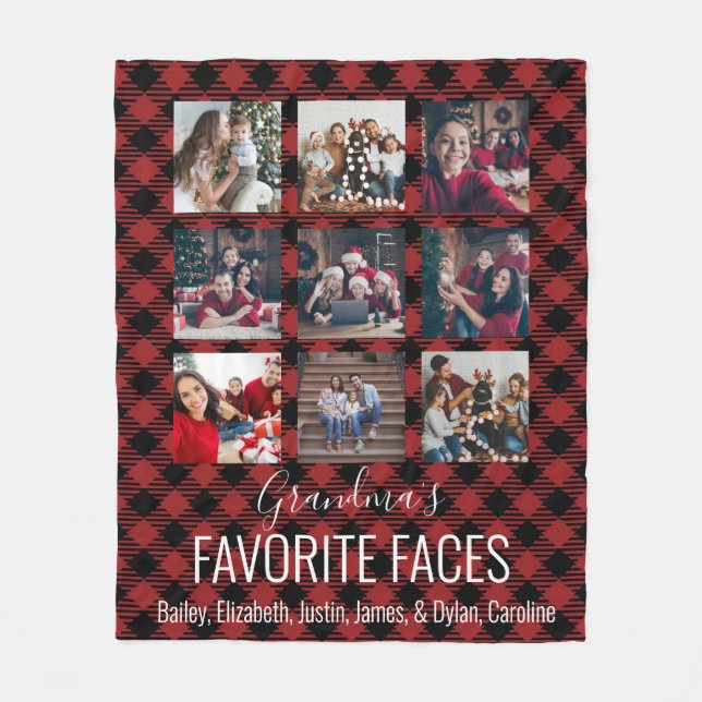 Black and Red Buffalo Plaid Personalized 9 Photo  Fleece Blanket (Front)