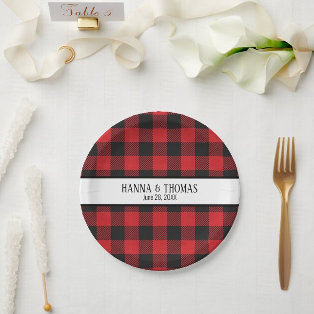 Black and Red Buffalo Plaid Rustic Wedding Paper Plate (Wedding)
