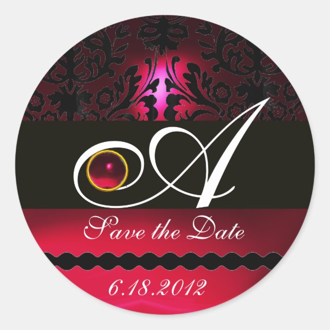 BLACK AND RED BURGUNDY  DAMASK MONOGRAM, Ruby Classic Round Sticker (Front)