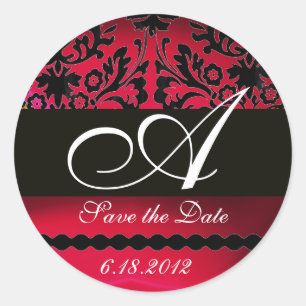 BLACK AND RED BURGUNDY  DAMASK MONOGRAM, Ruby Classic Round Sticker