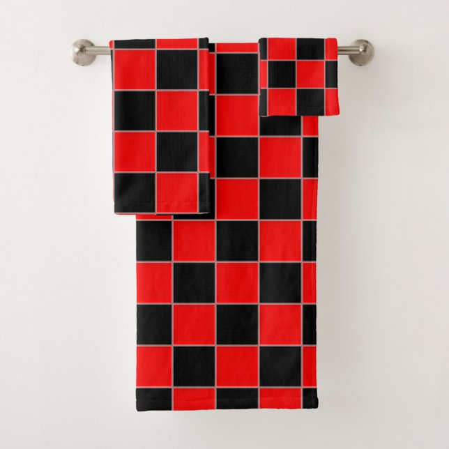 Black and Red Chequered Bath Towel Set (Insitu)