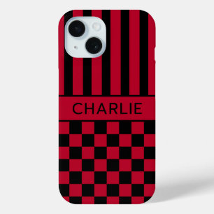 Black and Red Chequered Striped Personalized iPhone 15 Case