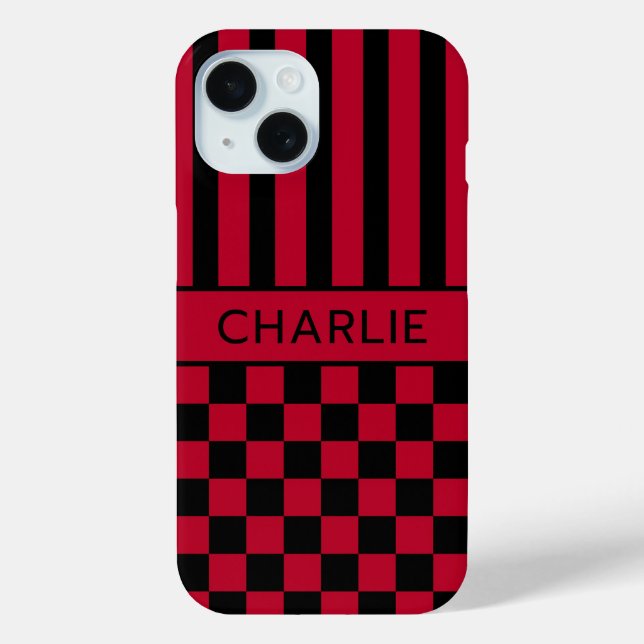 Black and Red Chequered Striped Personalized Case-Mate iPhone Case (Back)