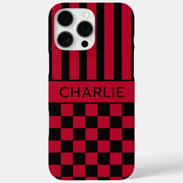 Black and Red Chequered Striped Personalized Case-Mate iPhone Case (Back)