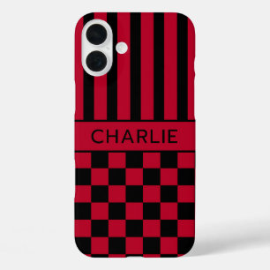 Black and Red Chequered Striped Personalized iPhone 16 Plus Case