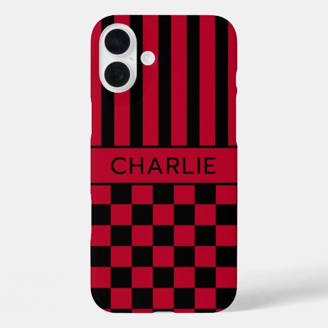 Black and Red Chequered Striped Personalized Case-Mate iPhone Case (Back)