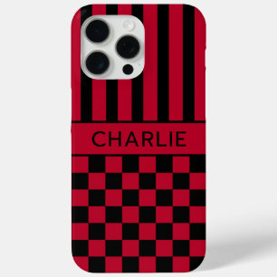 Black and Red Chequered Striped Personalized iPhone 15 Pro Max Case