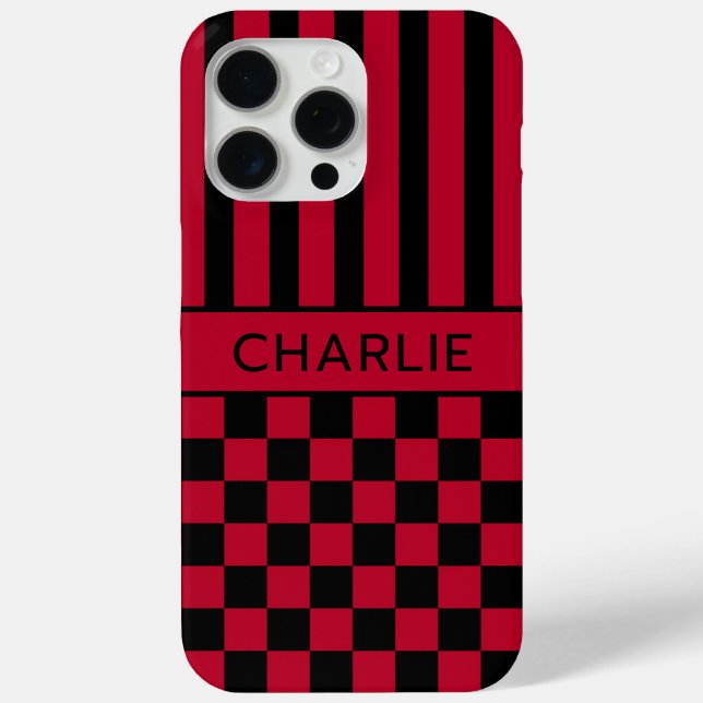 Black and Red Chequered Striped Personalized Case-Mate iPhone Case (Back)