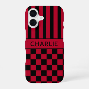 Black and Red Chequered Striped Personalized iPhone 16 Case