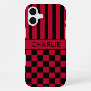 Black and Red Chequered Striped Personalized iPhone 16 Plus Case