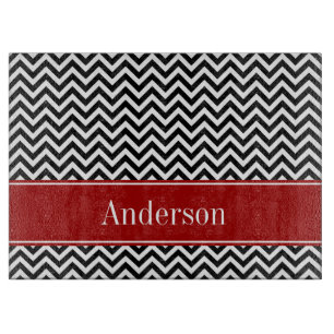 Black and Red Chevron Pattern Personalized Cutting Board