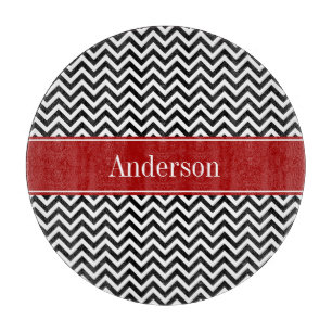 Black and Red Chevron Pattern Personalized Cutting Board