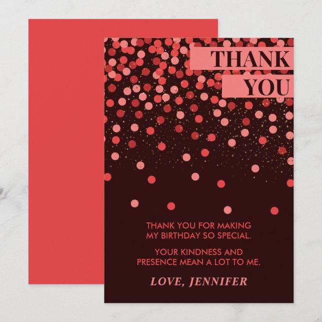 Black and Red Confetti Chic Birthday Thank You Card (Front/Back)