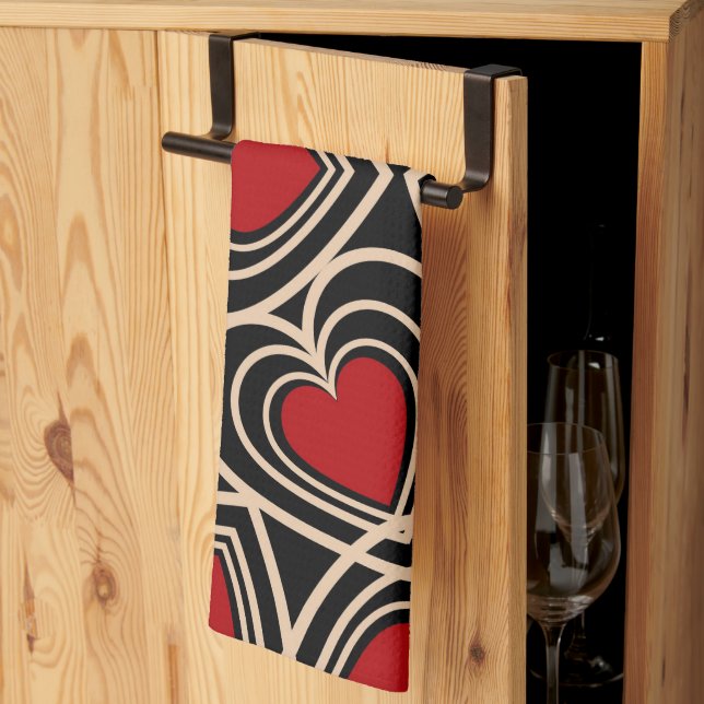 Black and Red Cute Simple Heart Pattern Kitchen Towel (Thirds Fold)
