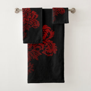 Black And Red Damask Bath Towel Set
