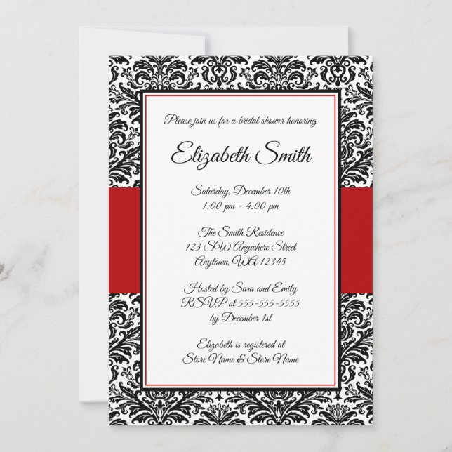 Black and Red Damask Bridal Shower Invitations (Front)