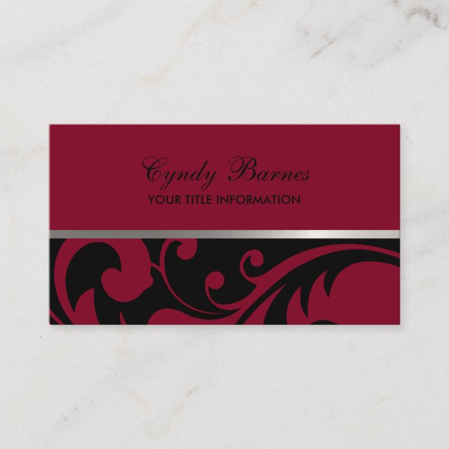 Black and Red Damask Business Card (Front)