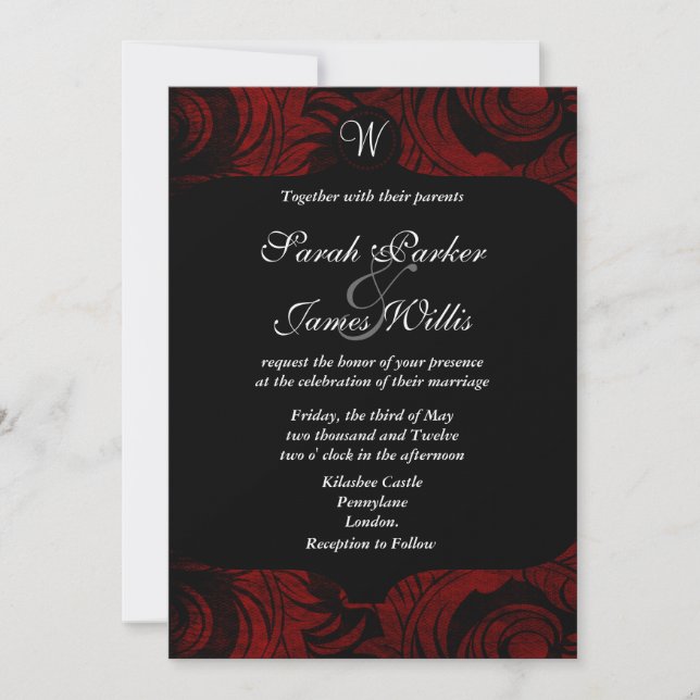 Black and red damask Invitation with monogram (Front)